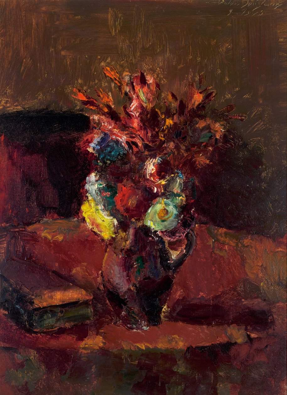 Blumenbouquet mit rotem Tischtuch von Anton Faistauer