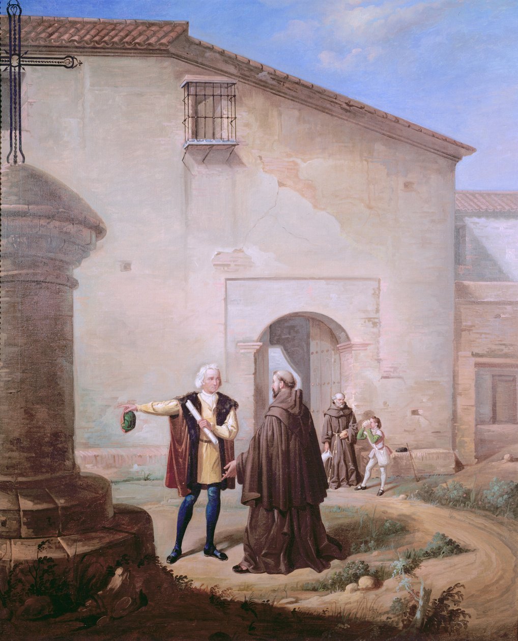 Die Franziskanermönche des Klosters Santa Maria de la Rabida geben Christoph Kolumbus und seinem Sohn Diego Brot und Wasser, 1858 von Antonio Cabral Bejarano