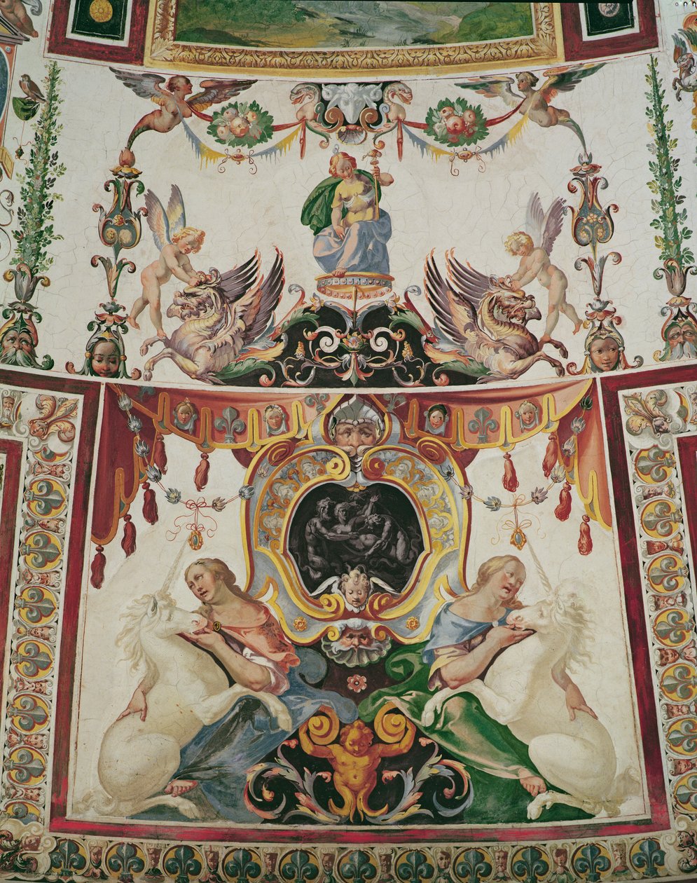 Detail der Dekoration der Scala Regia mit Greifen, Einhörnern und allegorischen Figuren von Antonio Tempesta
