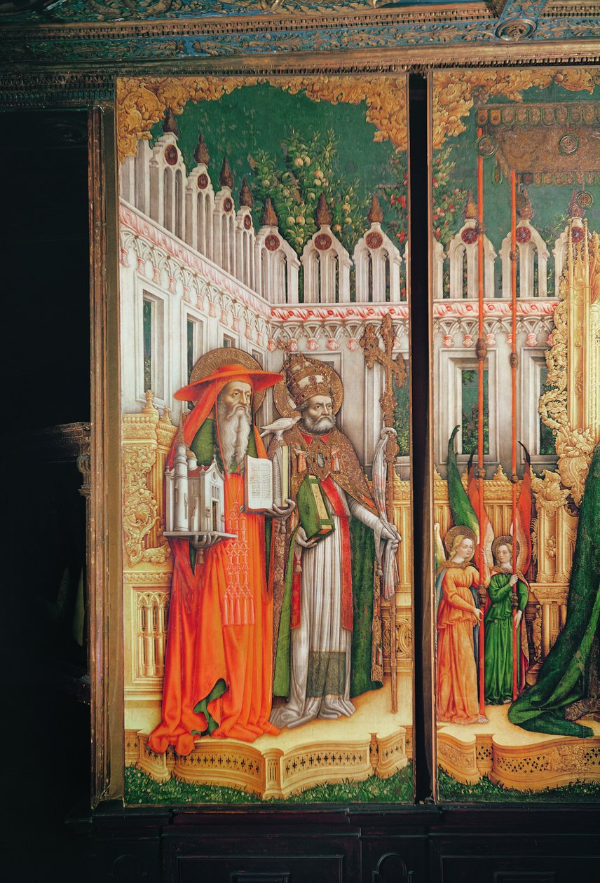 Triptychon der Jungfrau und des Kindes, umgeben von Heiligen, Detail des linken Panels mit dem Heiligen Hieronymus und dem Heiligen Gregor, 1446 von Antonio Vivarini