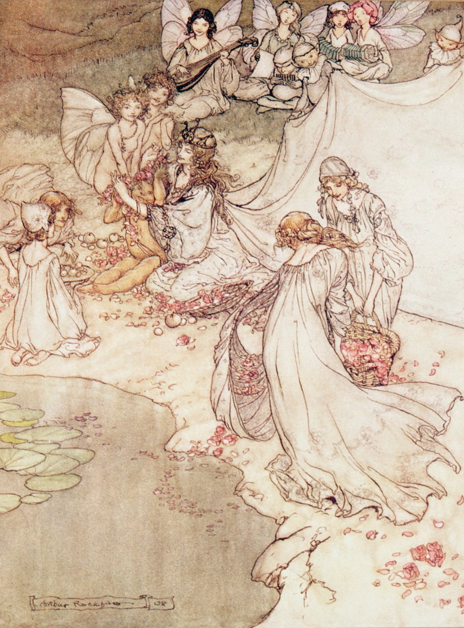 Illustration für ein Märchen, Feenkönigin bedeckt ein Kind mit Blüten von Arthur Rackham
