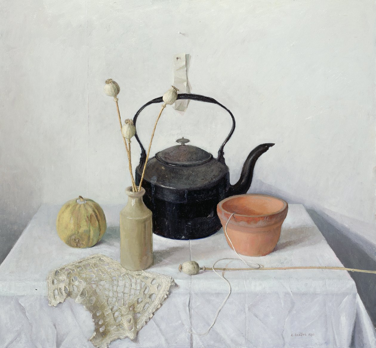 Kessel, Mohnköpfe und Kürbis, Stillleben, 1990 von Arthur Easton