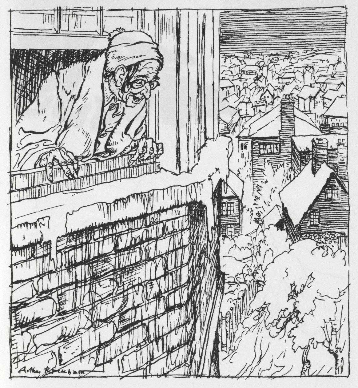 Ein Mann schaut aus einem Fenster von Arthur Rackham