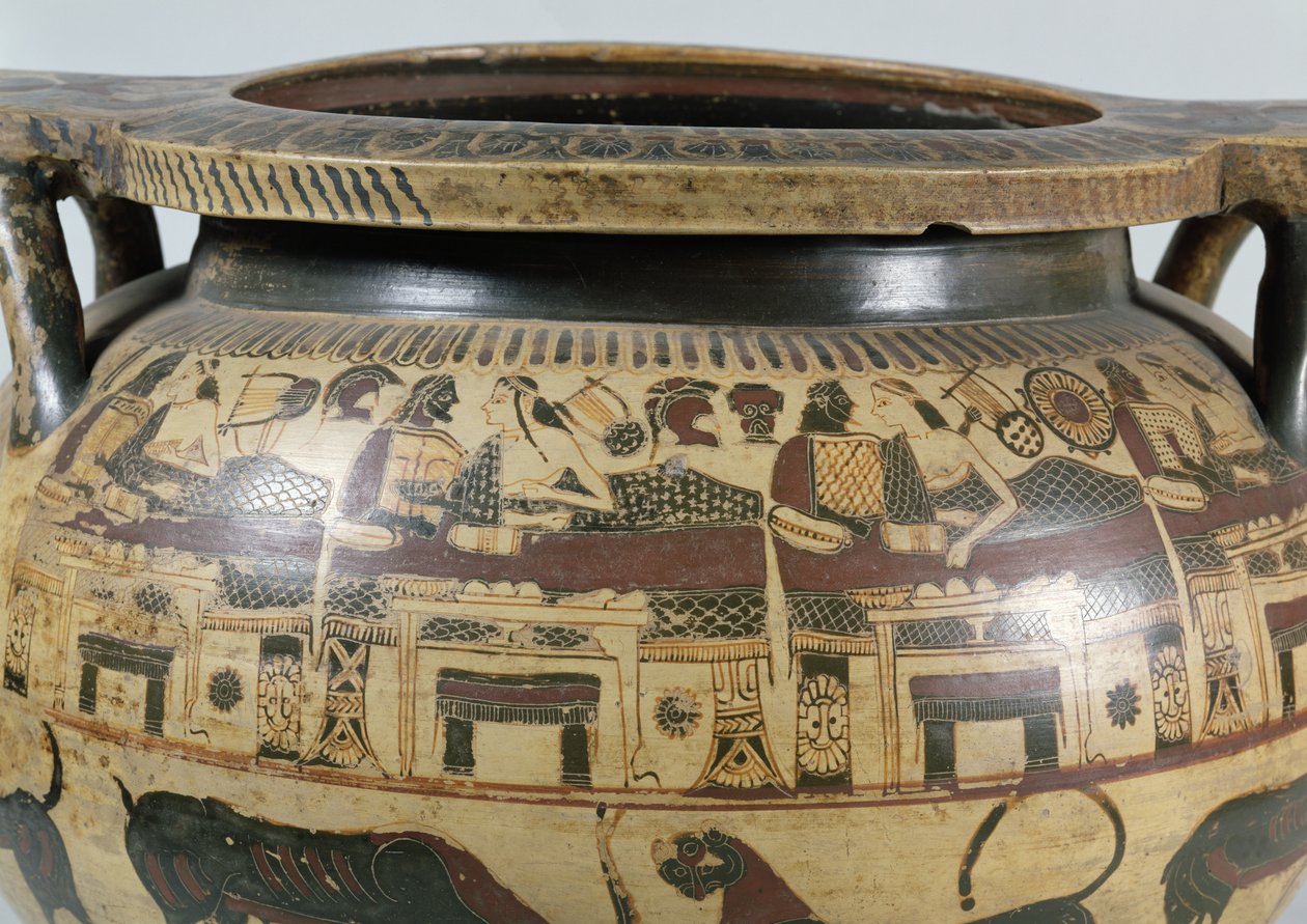 Detail eines korinthischen Kraters mit einer Bankettszene, ca. 590-575 v. Chr. (Keramik) von Athana Painter