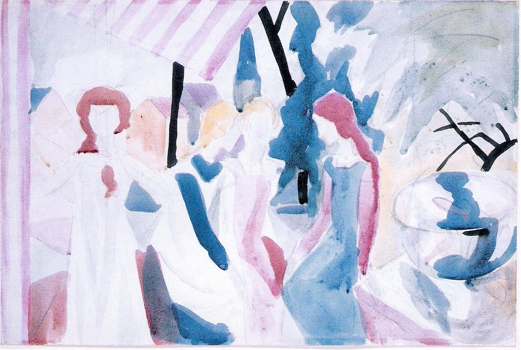 Vier Mädchen auf einer Altane von August Macke