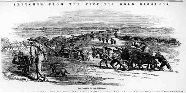 Reise zu den Grabungen, aus Skizzen von den Victoria-Goldgrabungen von Australian School