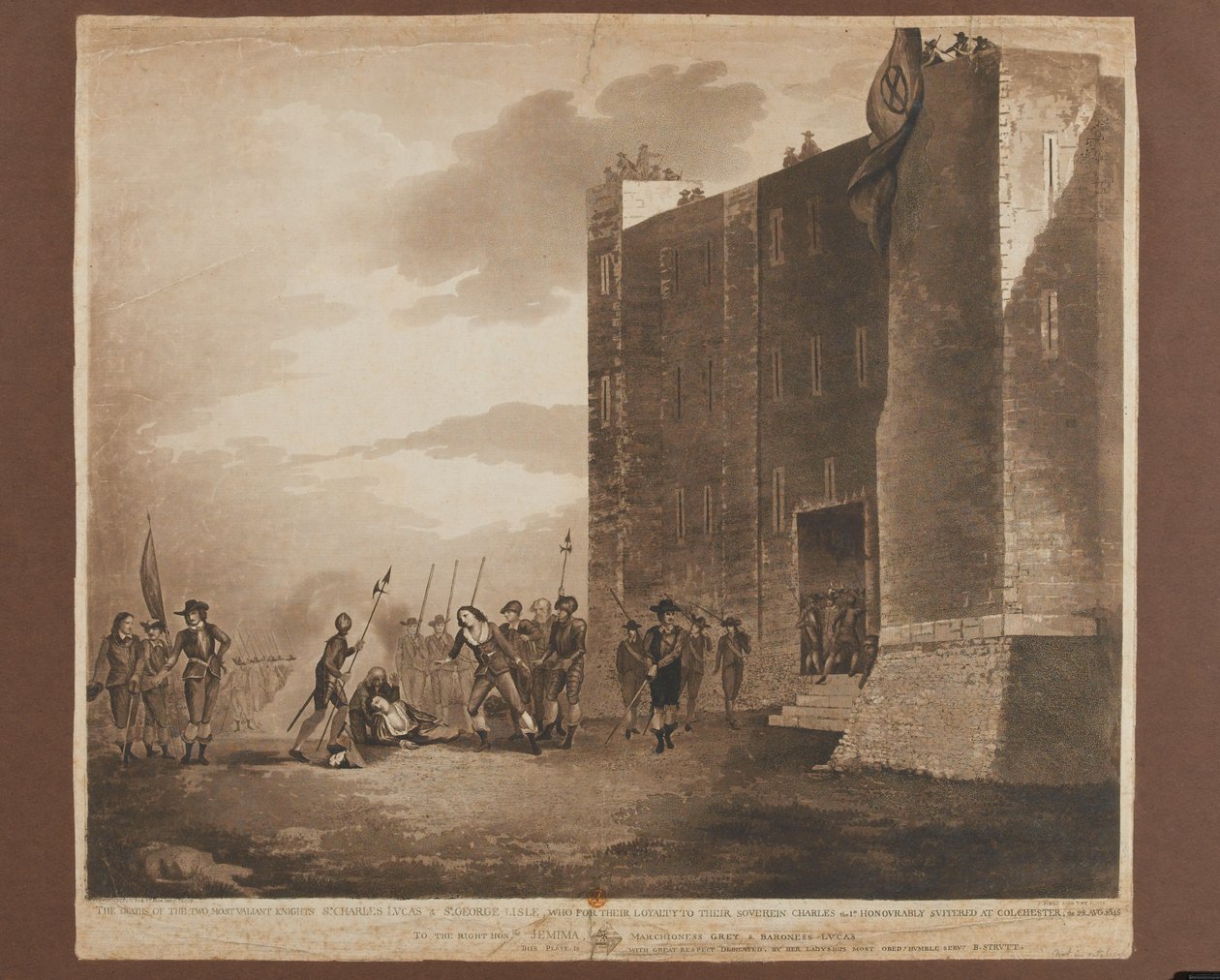 Tode von Sir Charles Lucas (ca. 1612-1648), Sir George Lisle (gest. 1648), 28. August 1648, graviert von F. Jukes, veröffentlicht 1748 von B. Strutt