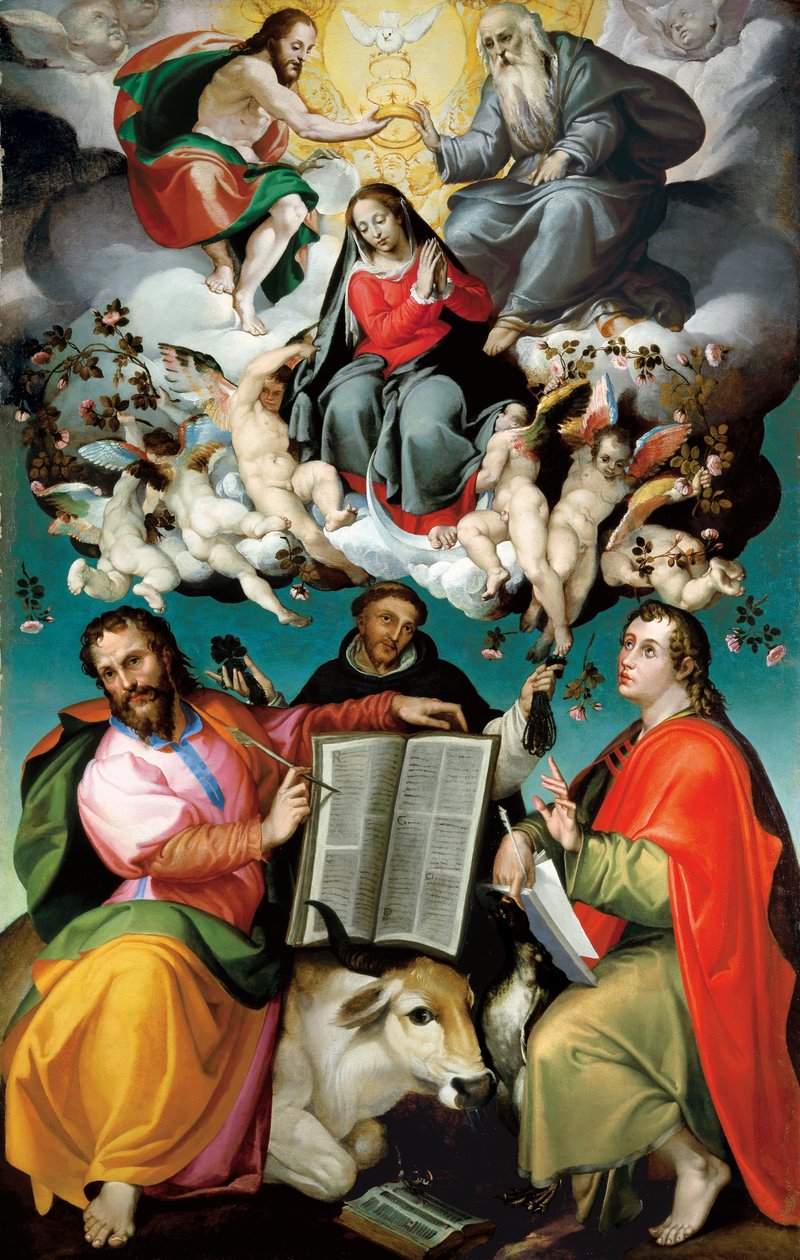 Die Krönung der Jungfrau mit den Heiligen Lukas, Dominikus und Johannes dem Evangelisten von Bartolomeo Passarotti