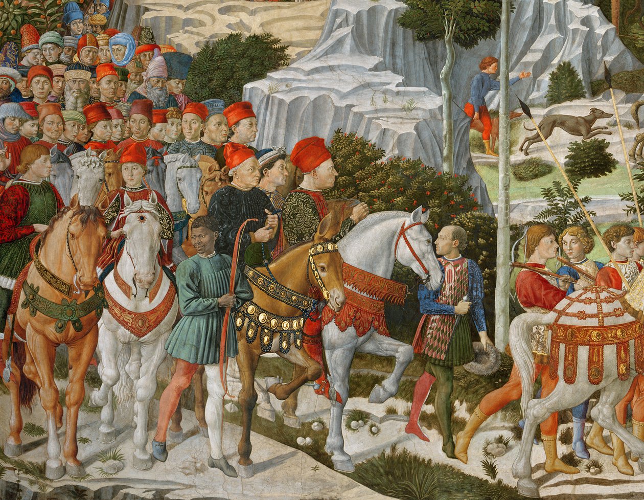 Die Reise der Heiligen Drei Könige nach Bethlehem, die rechte Wand der Kapelle, um 1460 Fresko (Detail) von Benozzo di Lese di Sandro Gozzoli