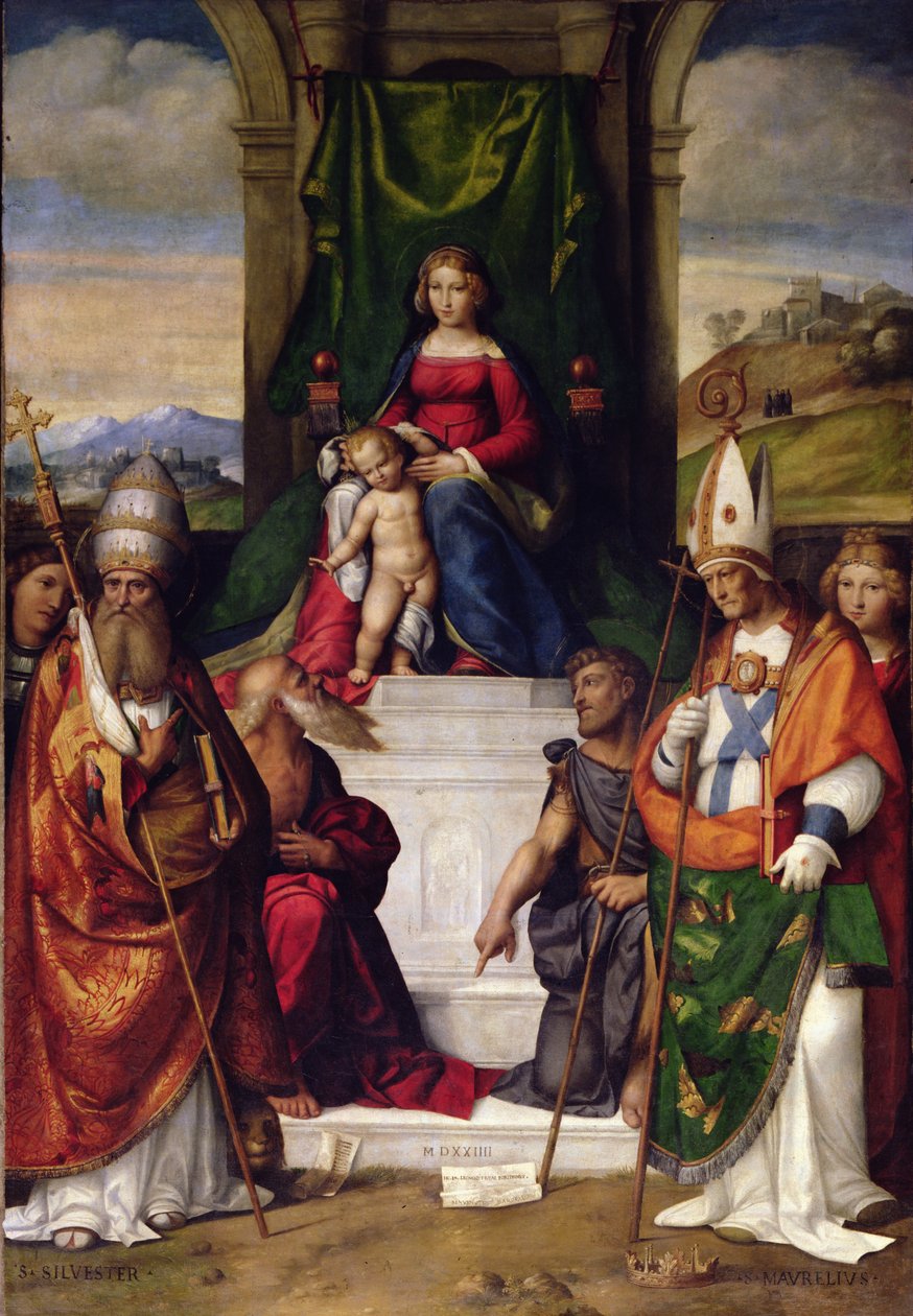 Die Jungfrau auf dem Thron mit den Heiligen Hieronymus, Silvester und Maurius von Benvenuto Tisi da Garofalo