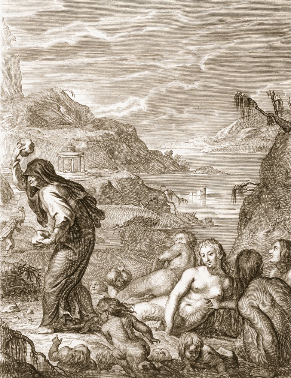 Deukalion und Pyrrha bevölkern die Welt neu, indem sie Steine hinter sich werfen, 1731 von Bernard Picart