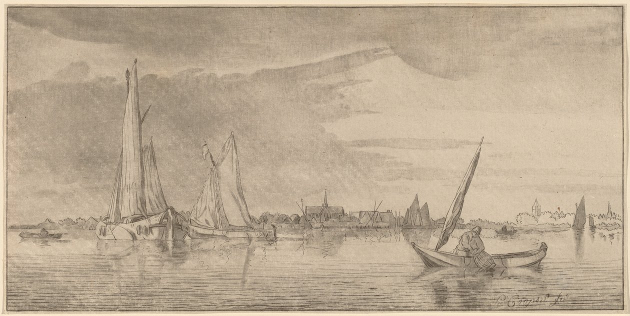 Fluss mit Stadt, 1775 von Bernhard Schreuder