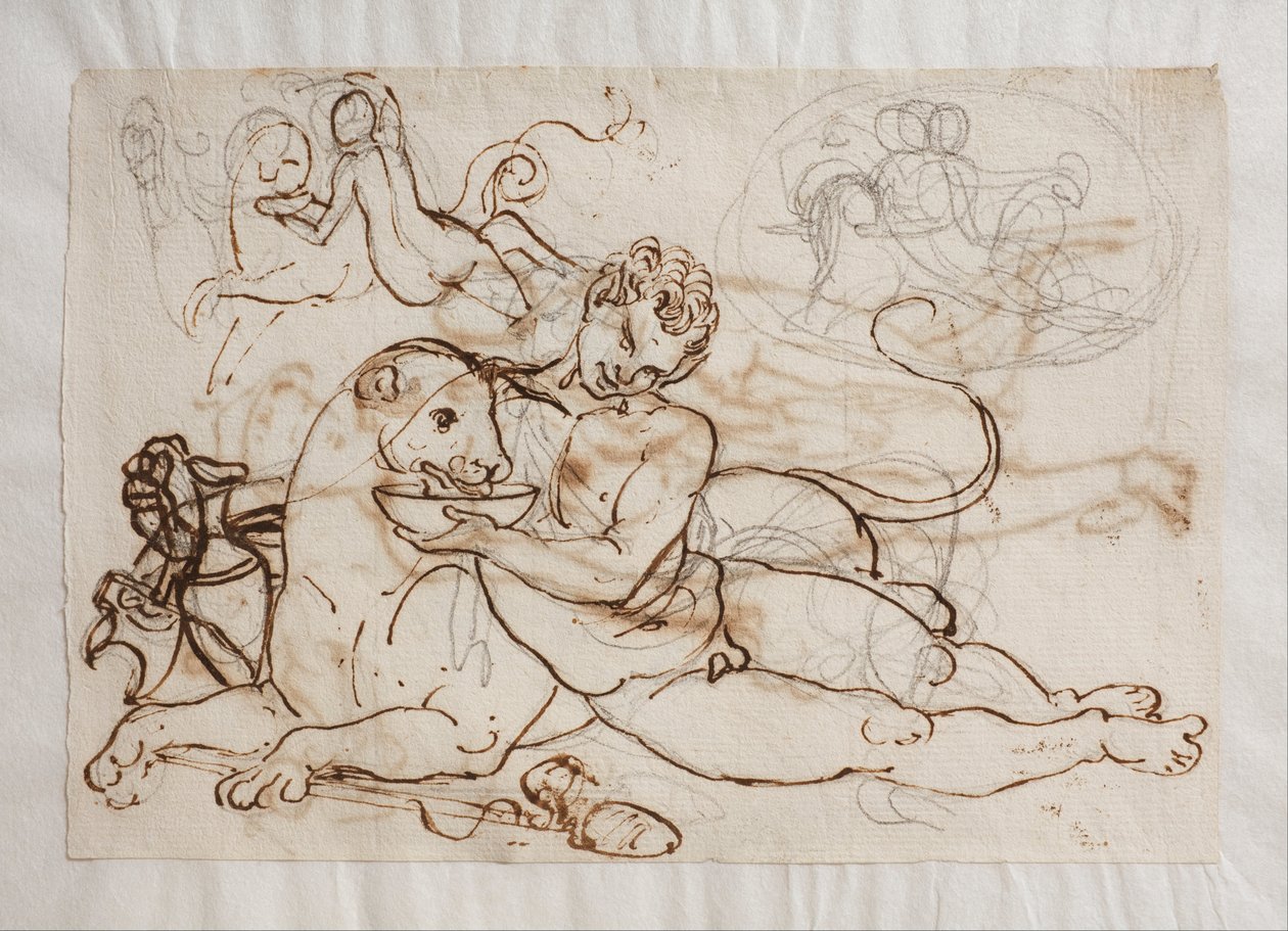 Bacchant (ein junger Satyr) bietet einem Panther zu trinken an von Bertel Thorvaldsen