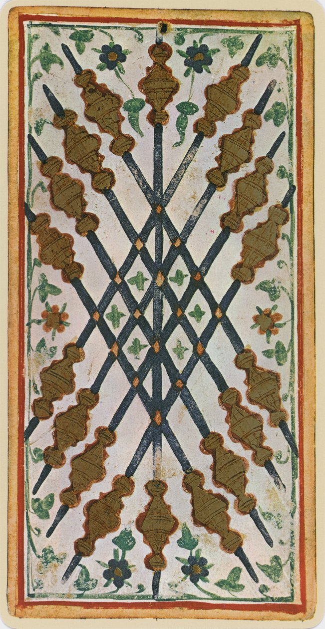 Die Neun der Stäbe, Faksimile einer Tarotkarte aus dem 