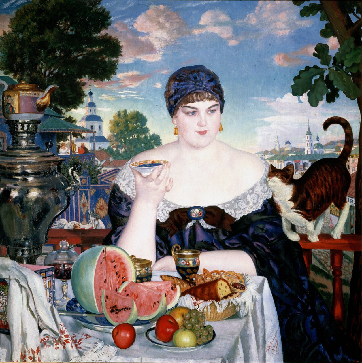 Händlersfrau beim Tee von Boris Mikhailovich Kustodiev