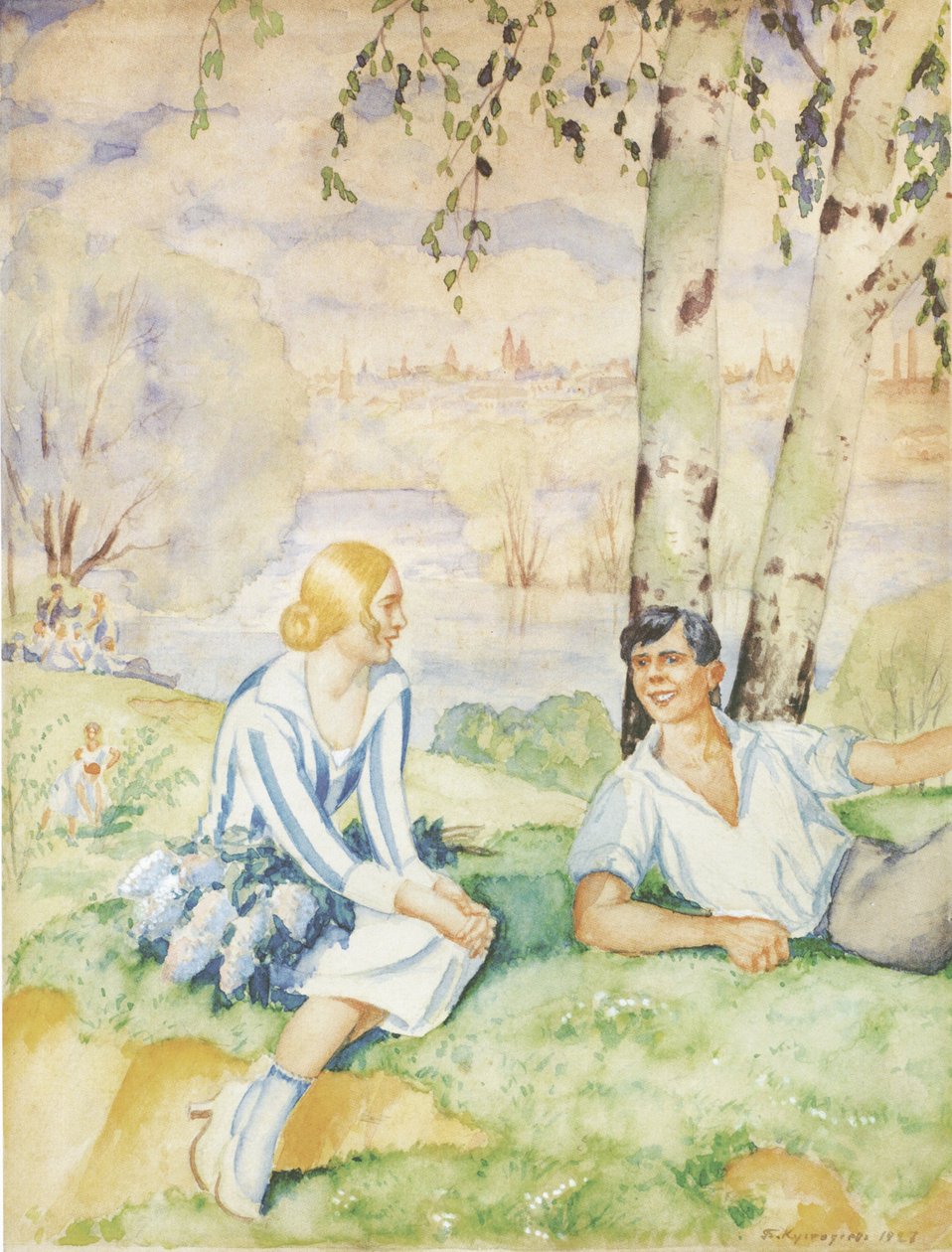 Frühling am Flussufer, 1927 von Boris Mikhailovich Kustodiev