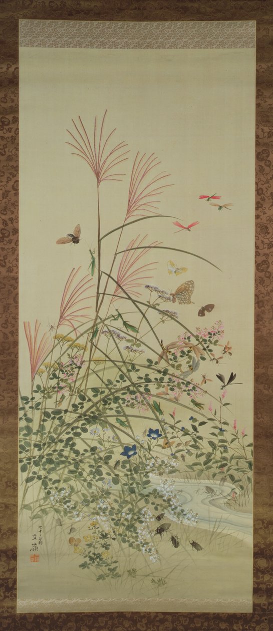 Herbstblumen und Insekten an einem Bach, 1910 von Bunrei Maekawa