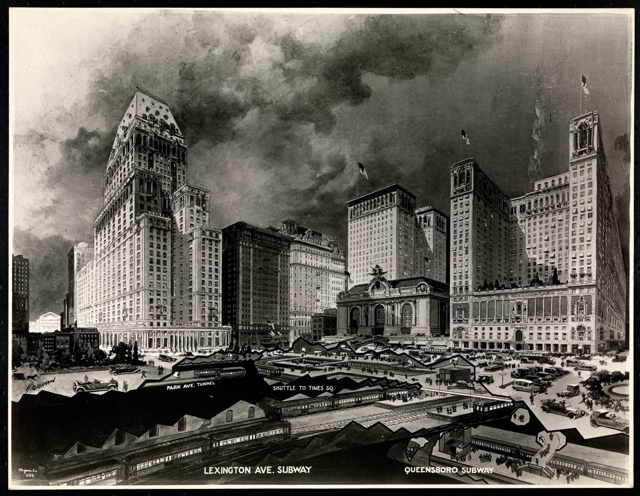 Fotografie einer Zeichnung von U-Bahn-Routen um den Pershing Square von H. Bierdermann, 1919 von Byron Company