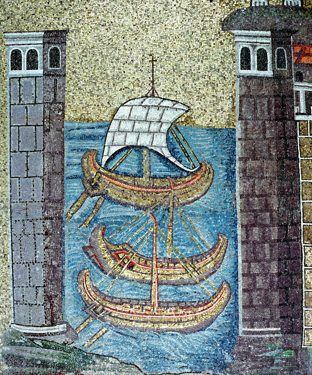 Drei Schiffe, die den Hafen von Ravenna betreten (Detail) von Byzantine