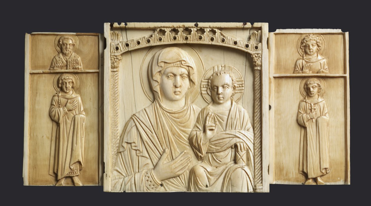 Triptychon-Ikone der Jungfrau und des Kindes mit Heiligen von Byzantine