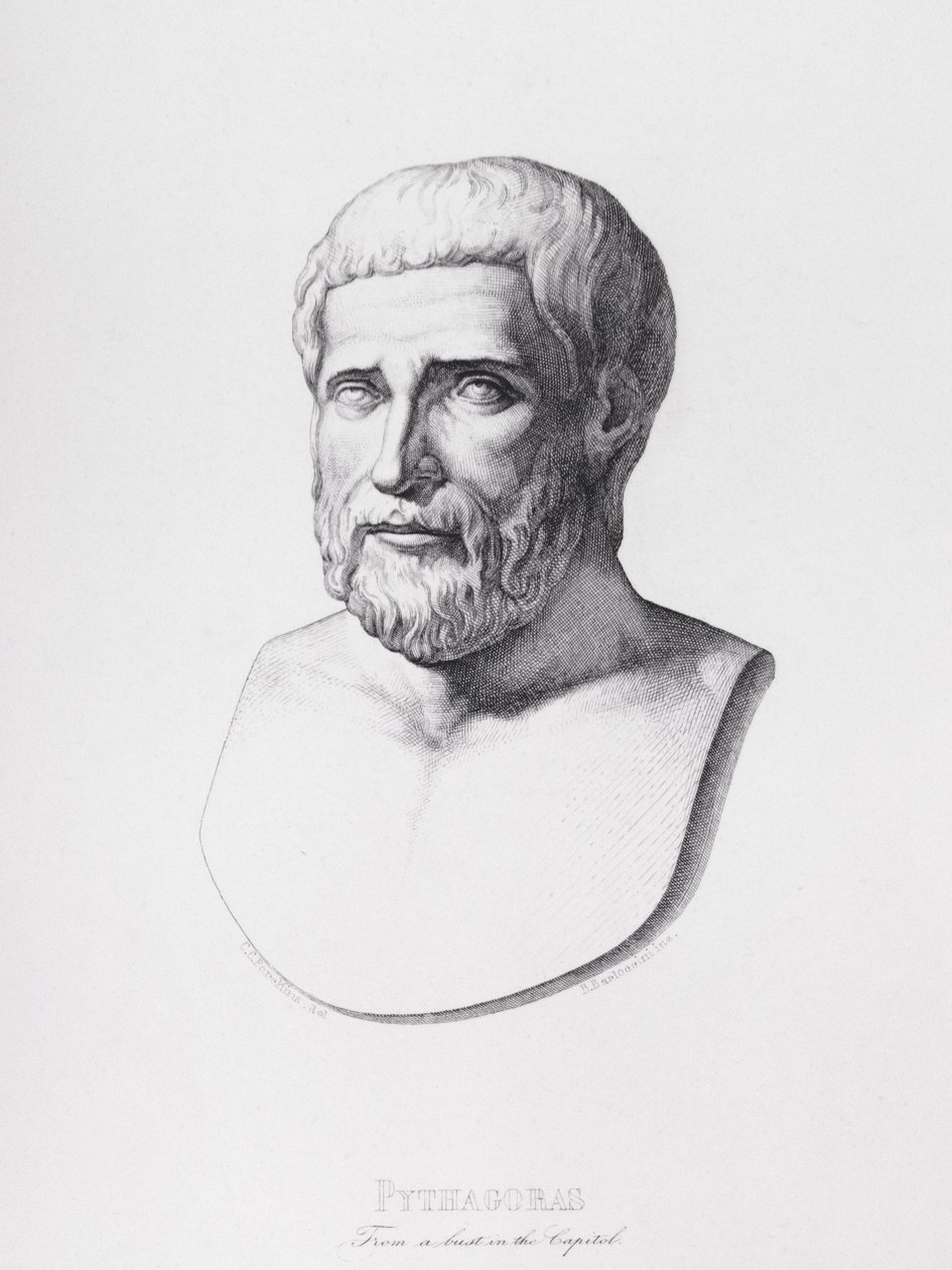 Porträt von Pythagoras (ca. 580-500 v. Chr.), graviert von B. Barloccini, 1849 von C.C Perkins