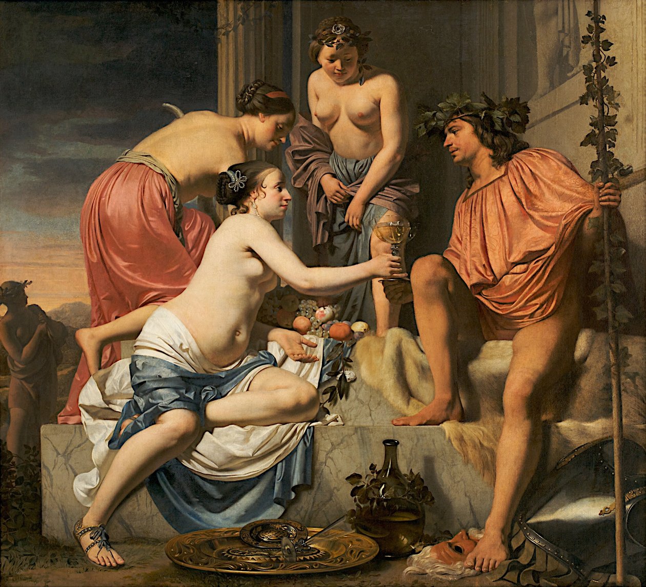 Bacchus auf einem Thron, Nymphen bieten Bacchus Wein und Früchte an von Cesar Boetius van Everdingen