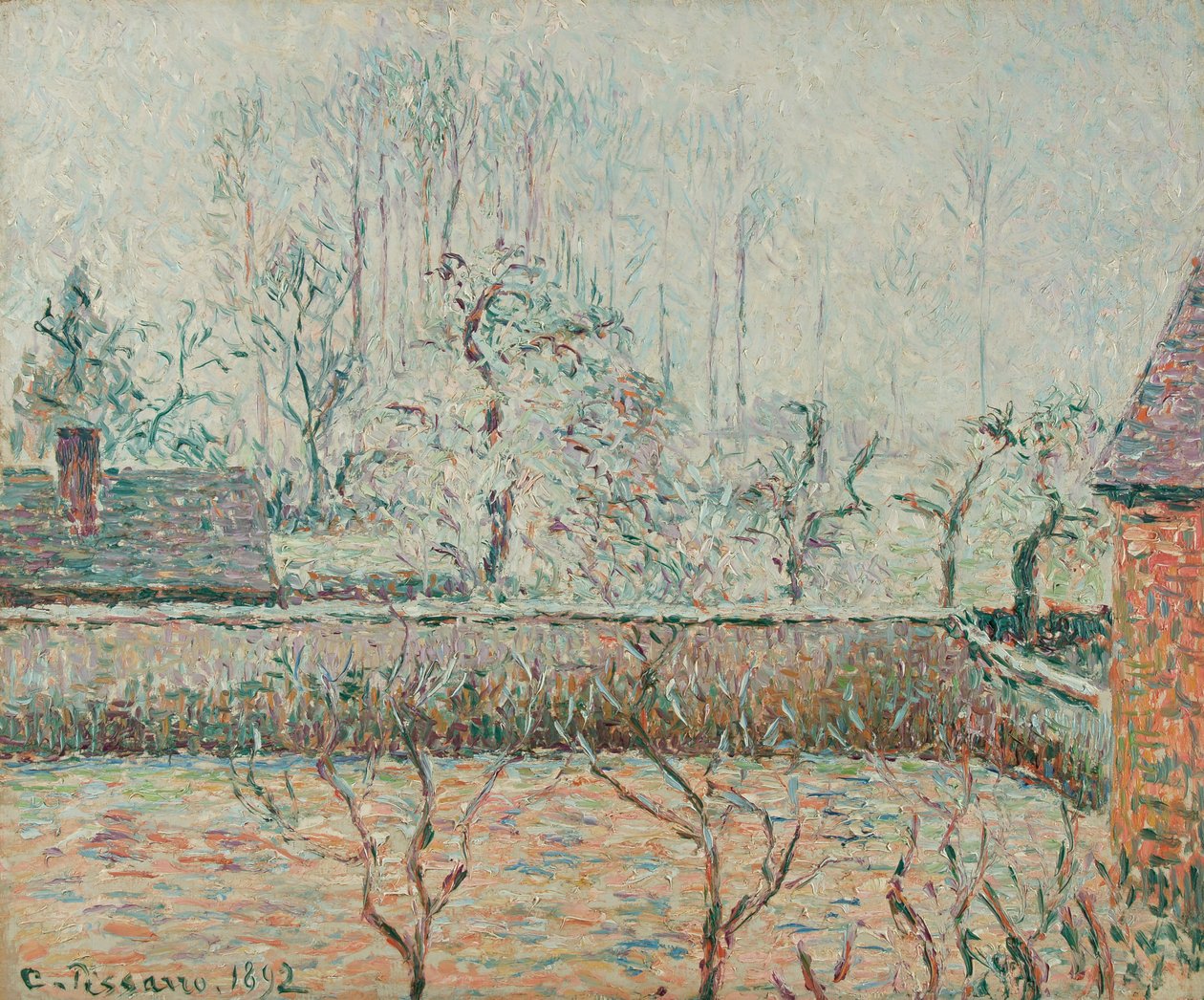 Landschaft mit Häusern und Gartenmauer, Frost und Nebel (1892) von Camille Jacob Pissarro