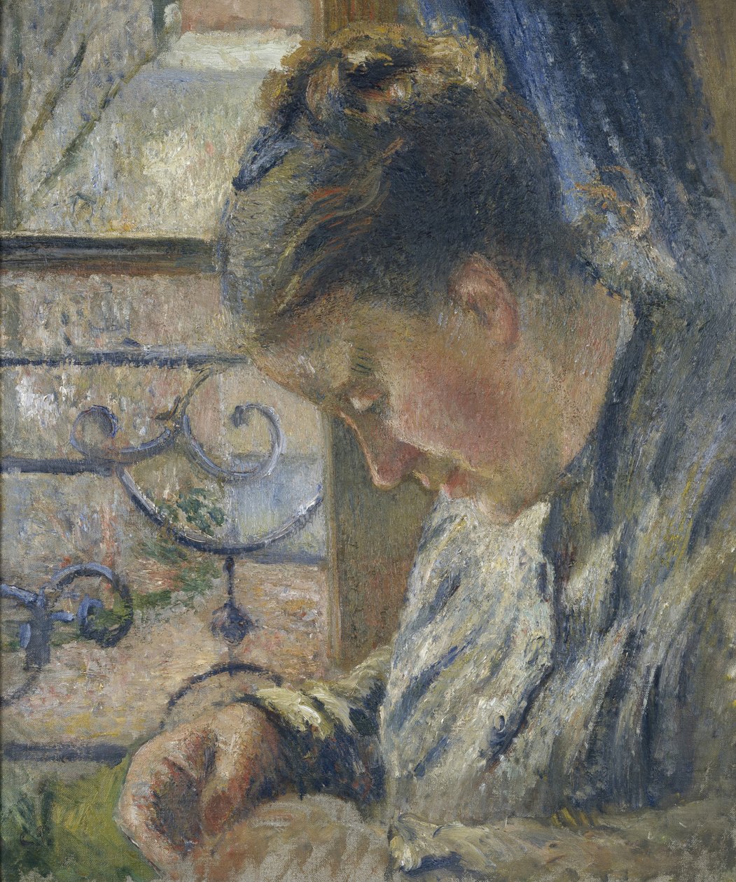 Porträt von Madame Pissarro, die neben einem Fenster näht, 19. Jahrhundert von Camille Jacob Pissarro