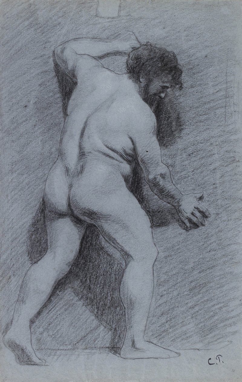Studie eines männlichen Aktes, der gegen eine Wand posiert, im Profil, nach rechts blickend von Camille Jacob Pissarro