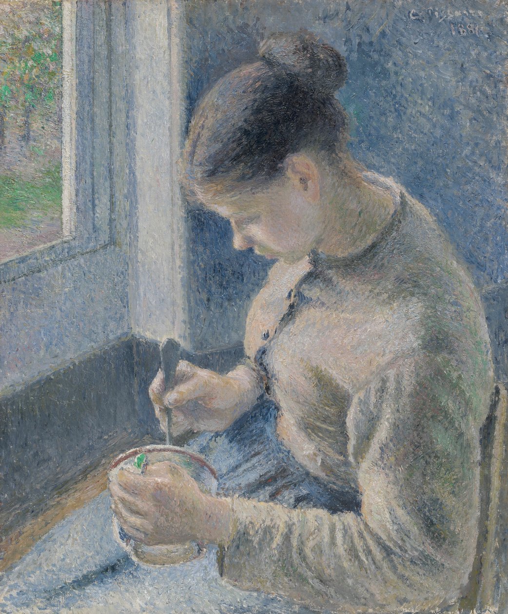 Junge Bäuerin beim Kaffeetrinken von Camille Pissarro
