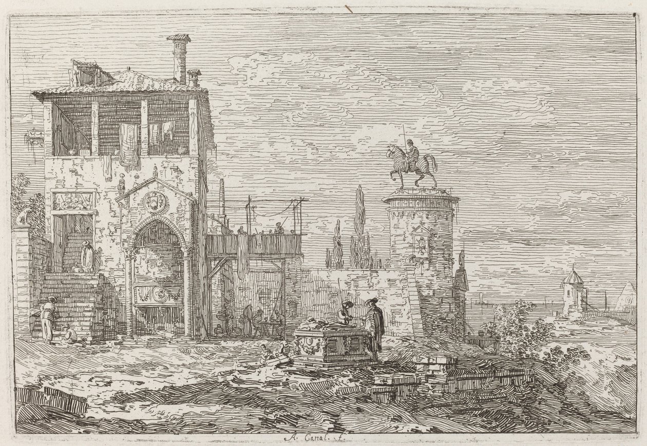 Das Reiterdenkmal (oben rechts) von Canaletto