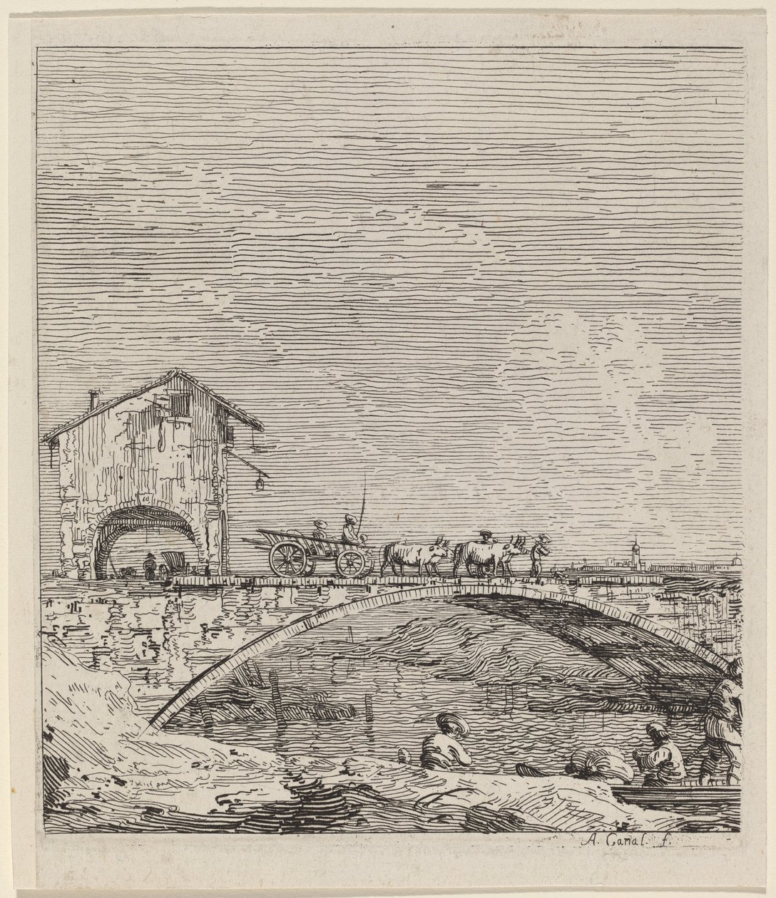 Der Wagen, der über eine Brücke fährt von Canaletto