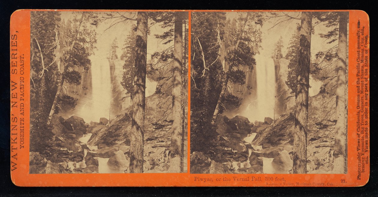 Piwyac oder der Vernal Fall bei Niedrigwasser, 300 Fuß, Yosemite-Tal, Mariposa County, Kalifornien von Carleton E. Watkins