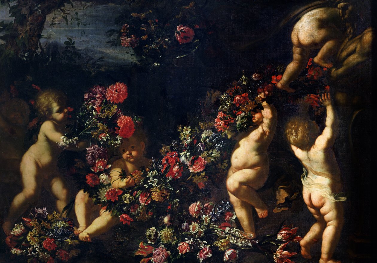 Putti spielen mit Blumengirlanden von Carlo Maratta or Maratti
