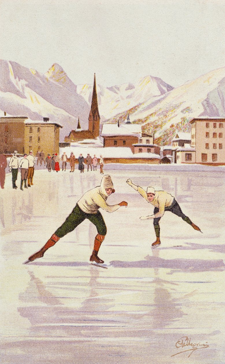Schlittschuhläufer auf der Eisbahn in Davos, Schweiz von Carlo Pellegrini
