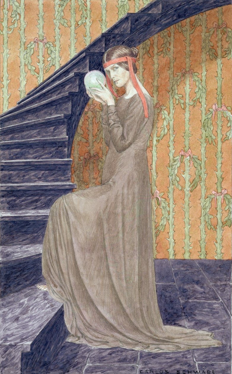 Junge Frau im ästhetischen Kleid, die eine Kugel hält, 1894 von Carlos Schwabe