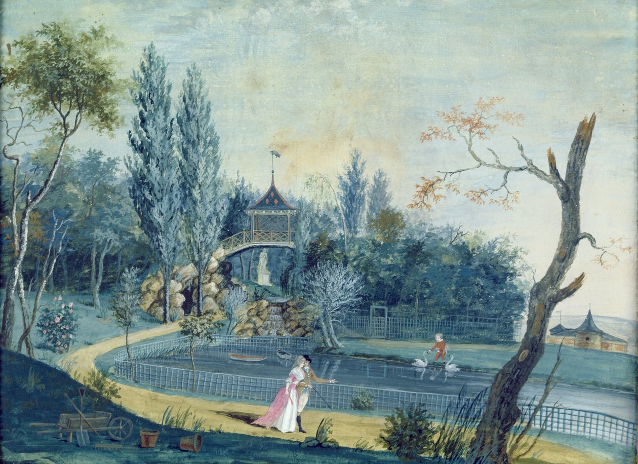 Der See und der chinesische Pavillon im Park von Le Raincy, ca. 1754-93 von Louis Carrogis dit Carmontelle