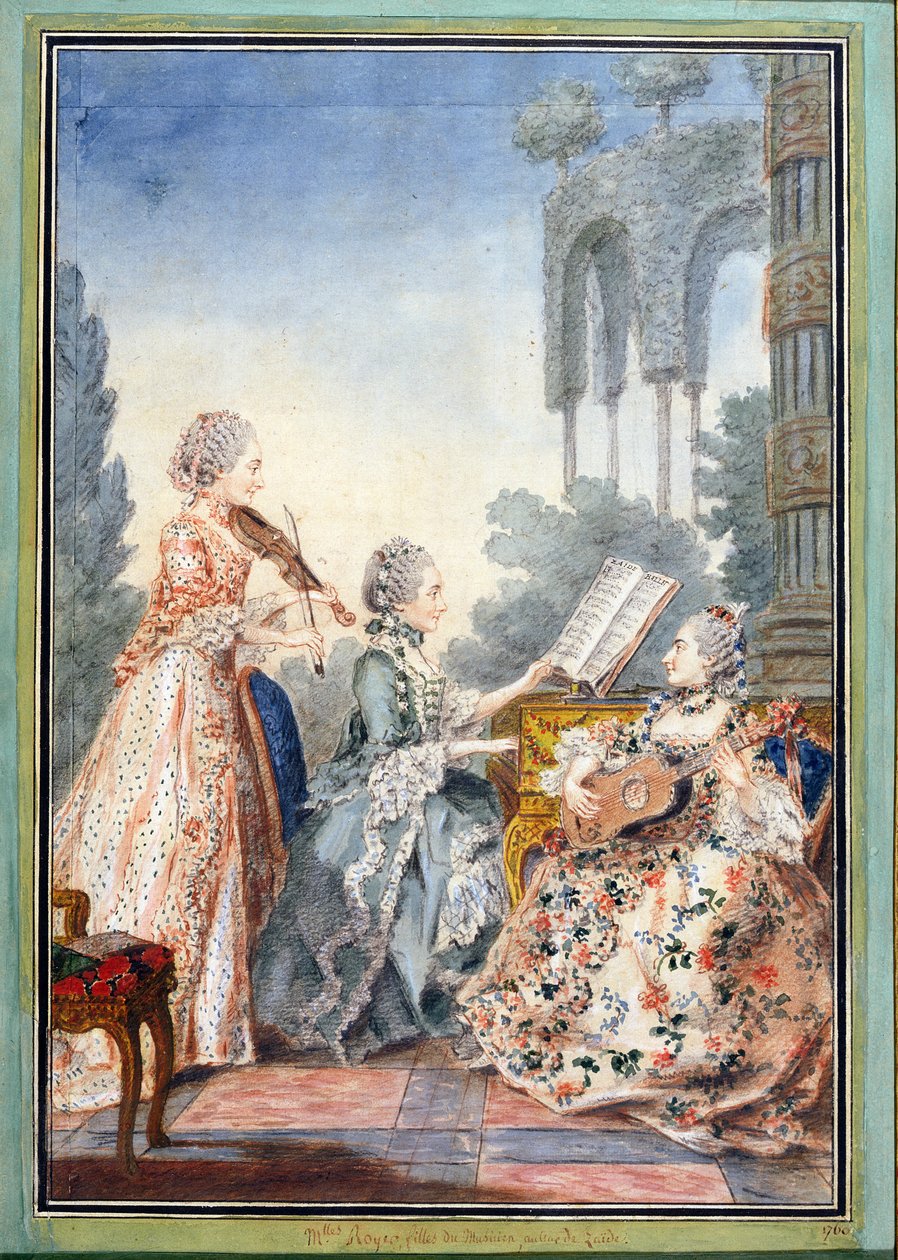 Die drei Töchter des Komponisten Joseph-Nicolas-Pancrace Royer (ca. 1705-55) spielen Musik aus seinem Ballett Zaide, ca. 1760 von Louis Carrogis dit Carmontelle