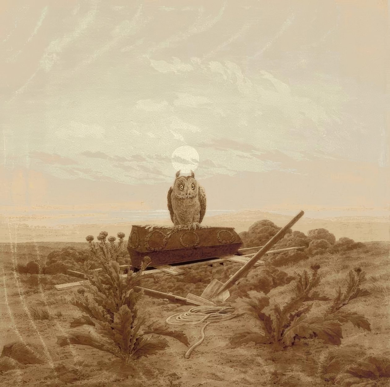 Landschaft mit Grab, Sarg und Eule von Caspar David Friedrich