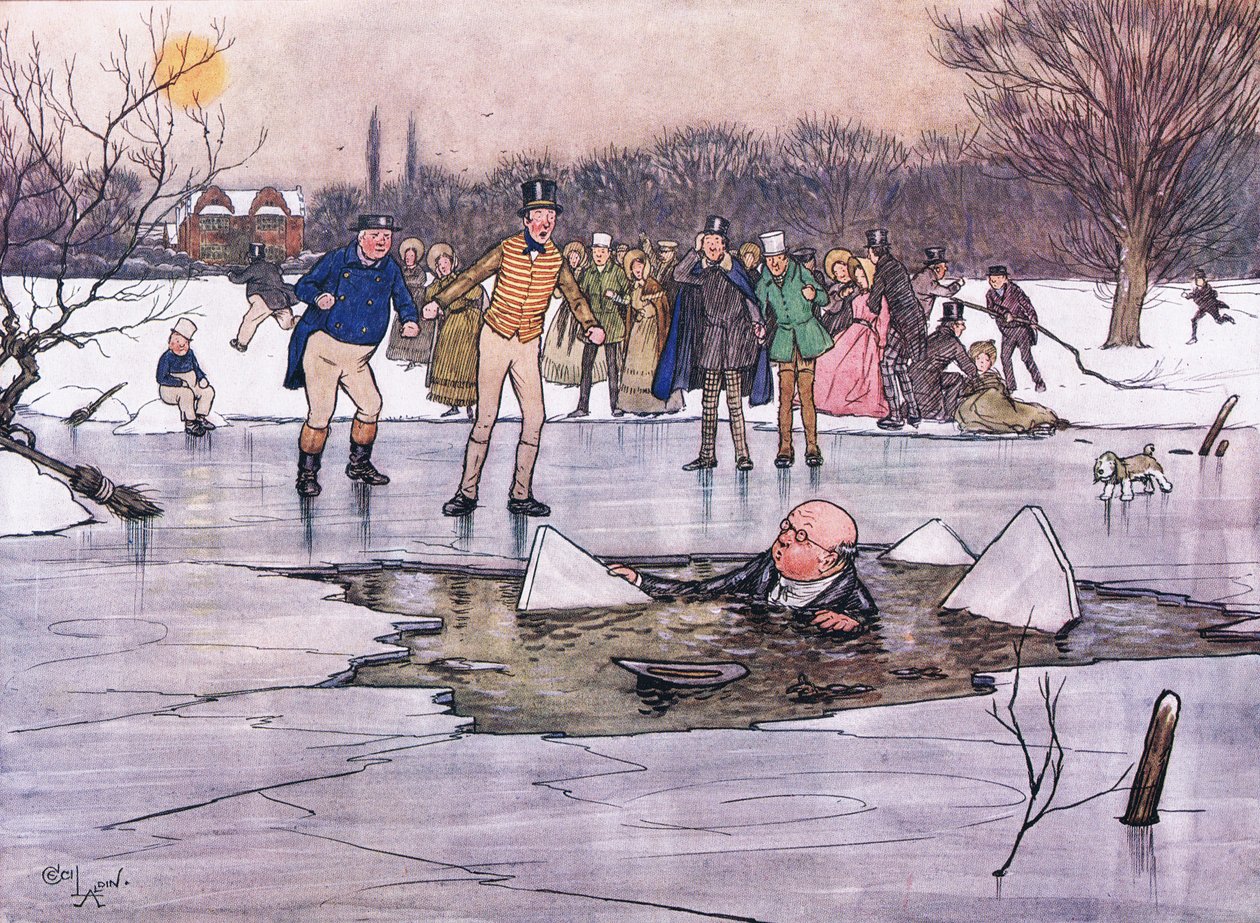 Ein Gesicht, Kopf und Schultern, tauchten aus dem Wasser auf und enthüllten die Züge und Brille von Mr. Pickwick von Cecil Charles Windsor Aldin