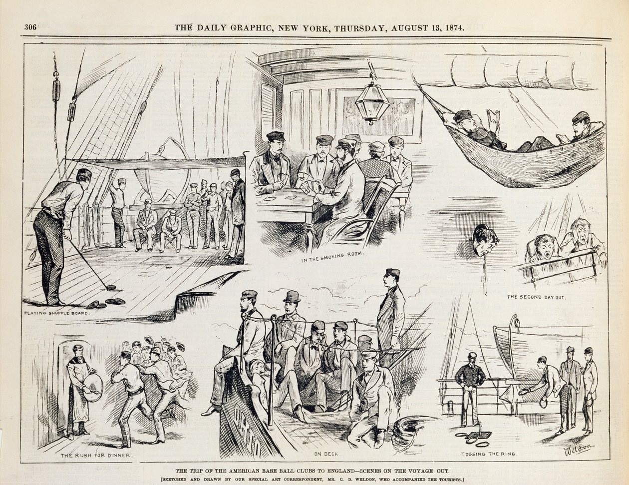 Die Reise der amerikanischen Baseballclubs nach England (Die Hinfahrt) veröffentlicht in The New York Daily Graphic, 1874 von Charles Weld