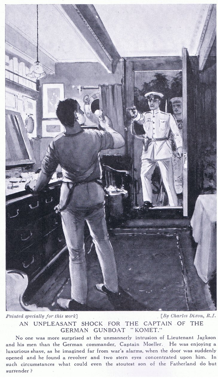 Ein unangenehmer Schock für den Kapitän des deutschen Kanonenbootes Komet, Oktober 1914 von Charles Edward Dixon
