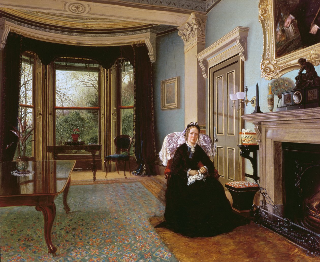 Viktorianisches Interieur mit sitzender Dame von Charles Frederick Lowcock