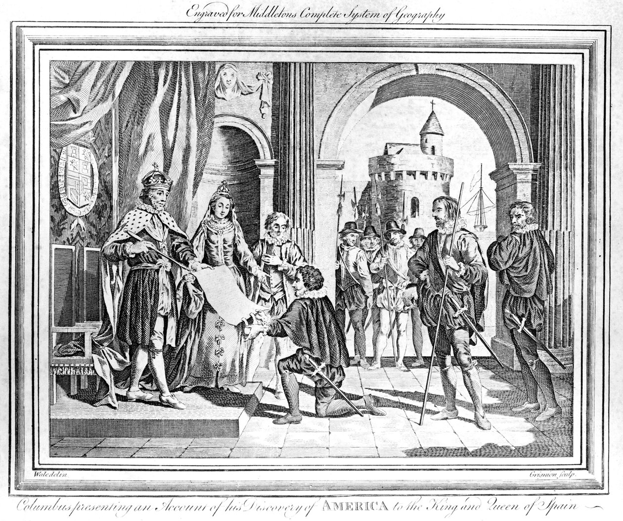 Christoph Kolumbus (1451-1506) präsentiert dem König und der Königin von Spanien einen Bericht über seine Entdeckung Amerikas von Charles Grignion