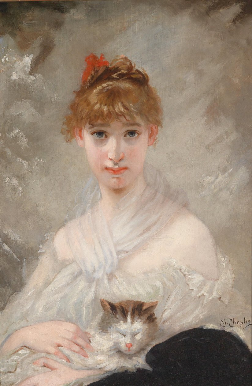 Mädchen mit weißem Tuch und Katze im Arm von Charles Joshua Chaplin