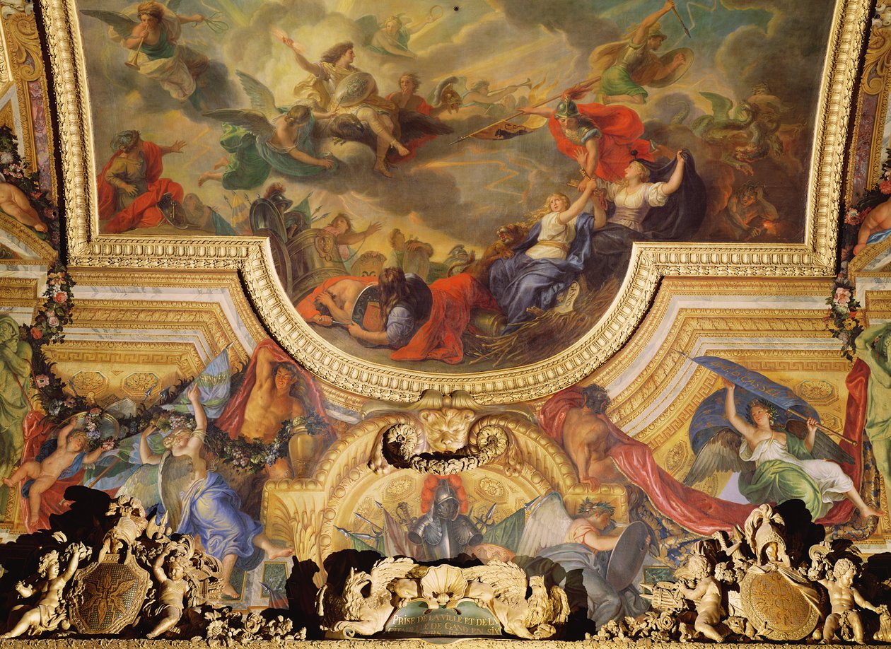 Die Eroberung der Stadt und Zitadelle von Gent in sechs Tagen im Jahr 1678, Deckenmalerei aus der Galerie des Glaces von Charles Le Brun