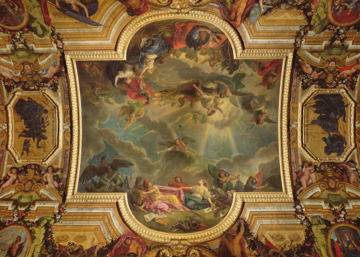 Die Eroberung der Stadt und Zitadelle von Gent in sechs Tagen im Jahr 1678 und die Strategie der Spanier ruiniert durch die Einnahme von Gent, Deckenmalerei aus der Galerie des Glaces von Charles Le Brun