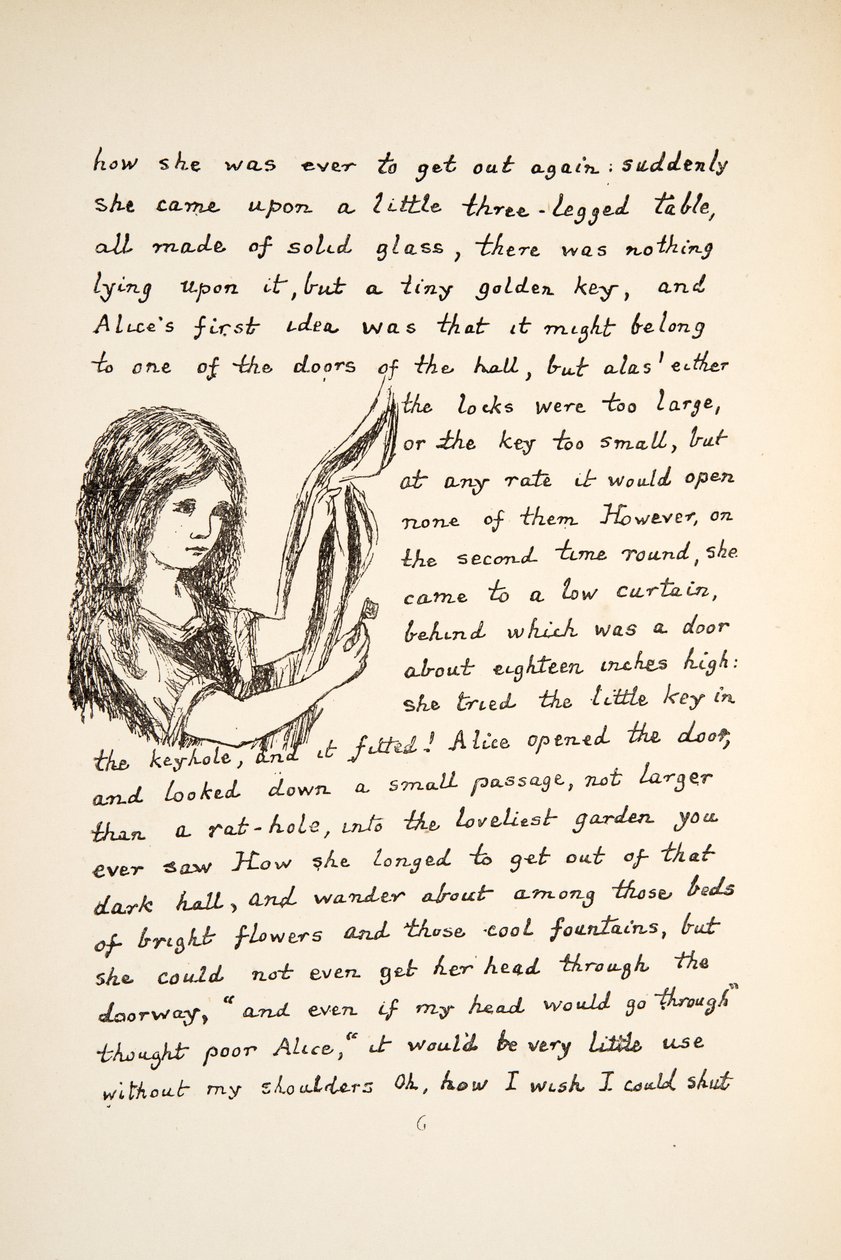 Alice findet den goldenen Schlüssel, Illustration aus Alice unter der Erde, veröffentlicht 1886 von Charles Lutwidge Dodgson