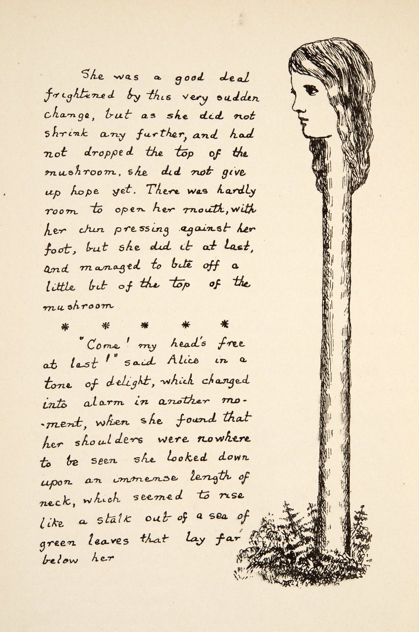 Alices Hals streckt sich nach dem Essen von mehr Pilz, Illustration aus Alice unter der Erde, veröffentlicht 1886 von Charles Lutwidge Dodgson