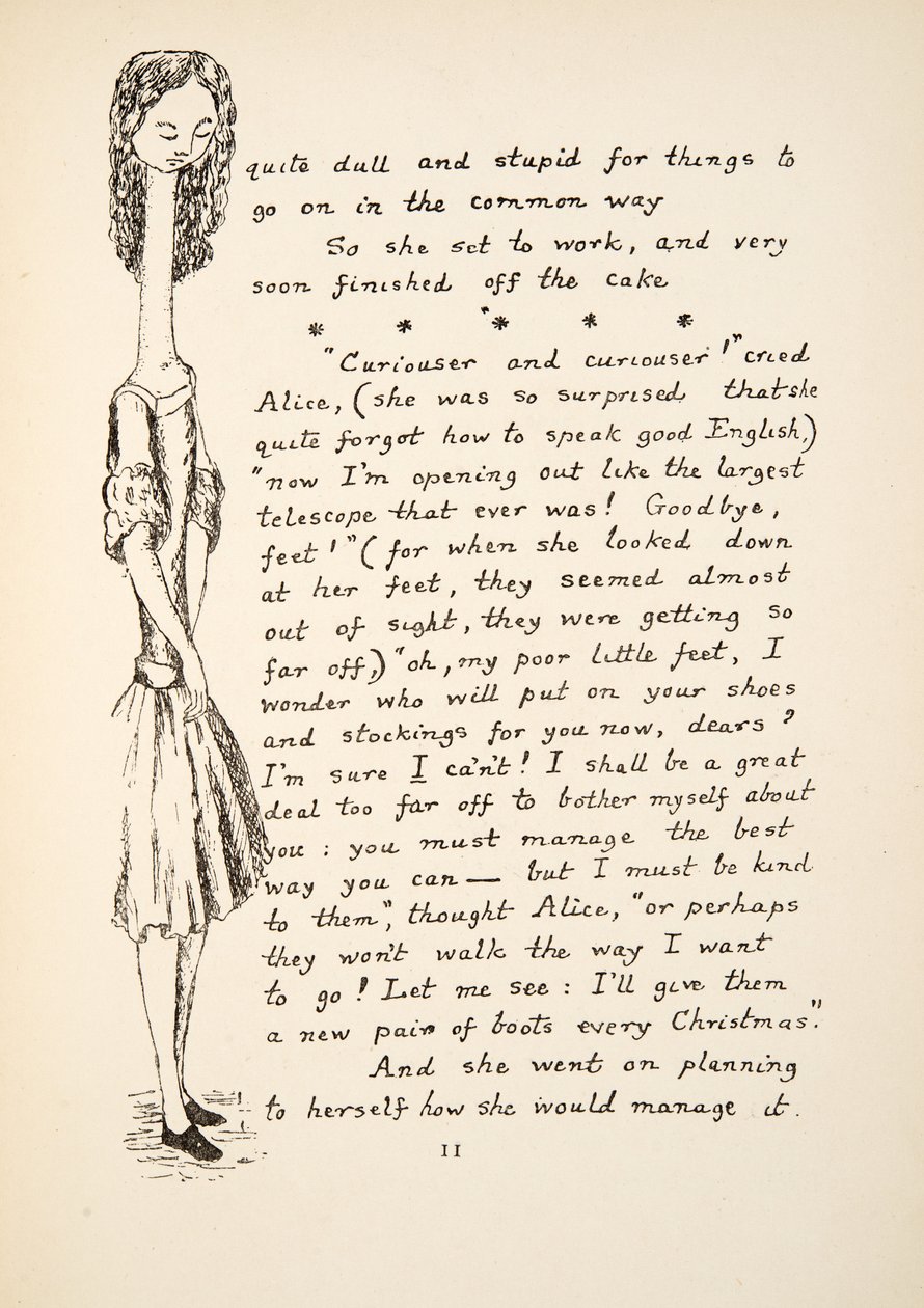 Neugieriger und neugieriger, Illustration aus Alice unter der Erde, veröffentlicht 1886 von Charles Lutwidge Dodgson